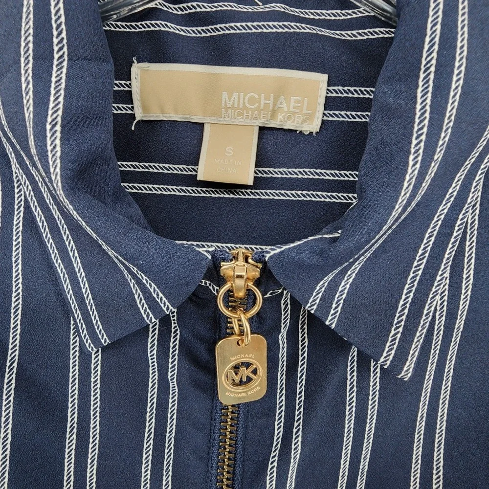 Michael Kors Small Navy Blue Rope Stripe Quarter Zip Roll Tab Sleeve Blouse Top